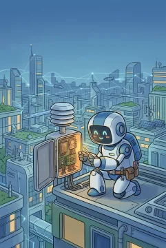 Cartoon maintenance robot repairing an environmental sensor on a rooftop above a connected futuristic smart city.