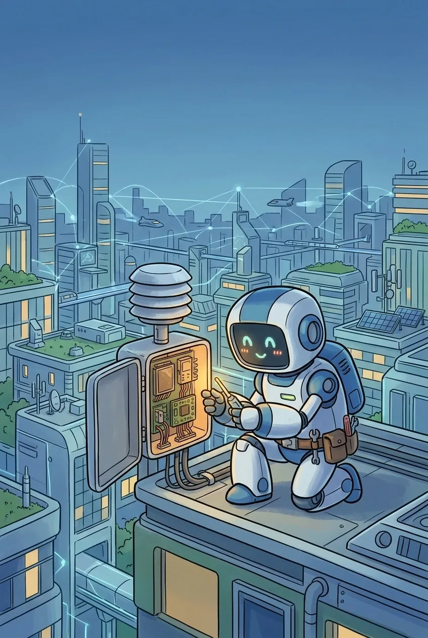 Cartoon maintenance robot repairing an environmental sensor on a rooftop above a connected futuristic smart city.