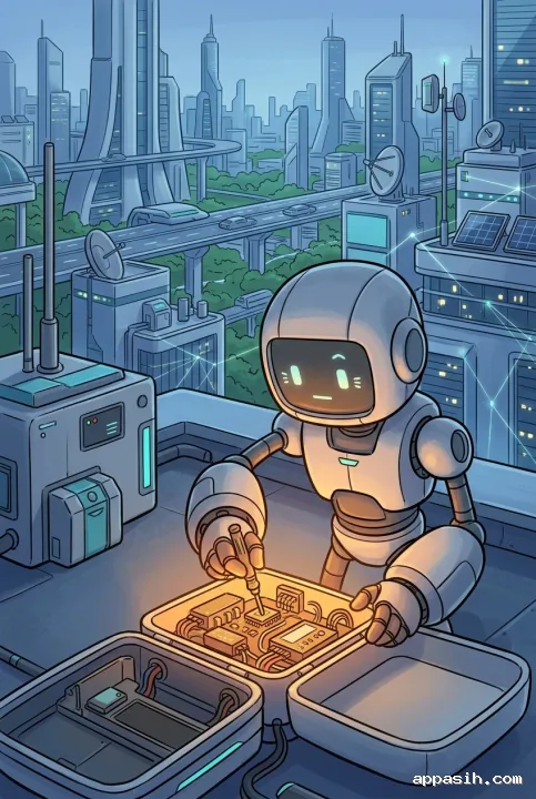 Cartoon maintenance robot tightening a component inside an open smart city environmental sensor on a rooftop at evening.
