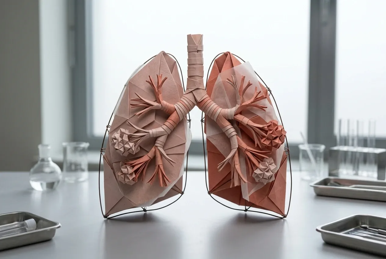 Mixed-media origami lung model with folded bronchi and alveoli displayed on a biomedical laboratory workbench.