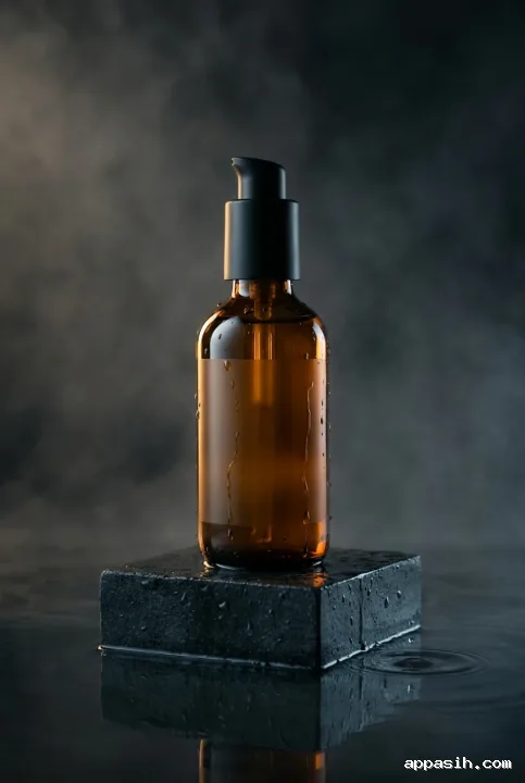 Amber glass skincare bottle with matte black pump on a wet charcoal stone pedestal, viewed from a subtle three-quarter angle with cinematic mist, rain droplets, and warm edge lighting.