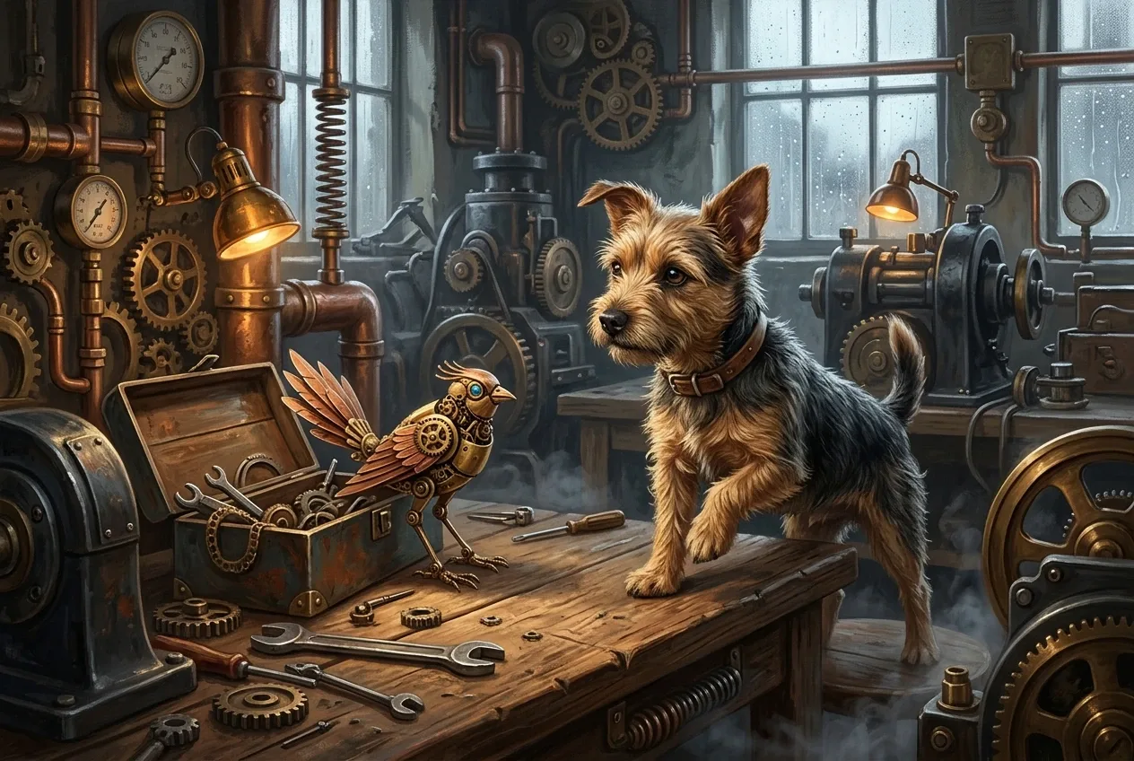 A curious wiry terrier watches a small brass clockwork bird on a wooden workbench inside a rainy steampunk workshop filled with copper pipes and gears.