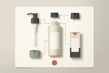 Modular skincare bottle packaging mockup with pump, cap, carton, and blank label components arranged as a graphic infographic illustration.