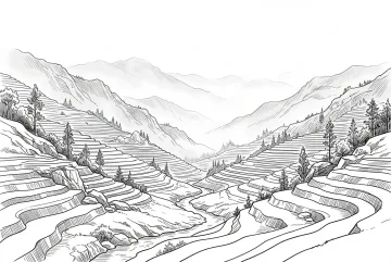 Line art drawing of terraced mountain slopes surrounding a winding stream in a mist-filled valley with sparse trees and layered distant ridges.