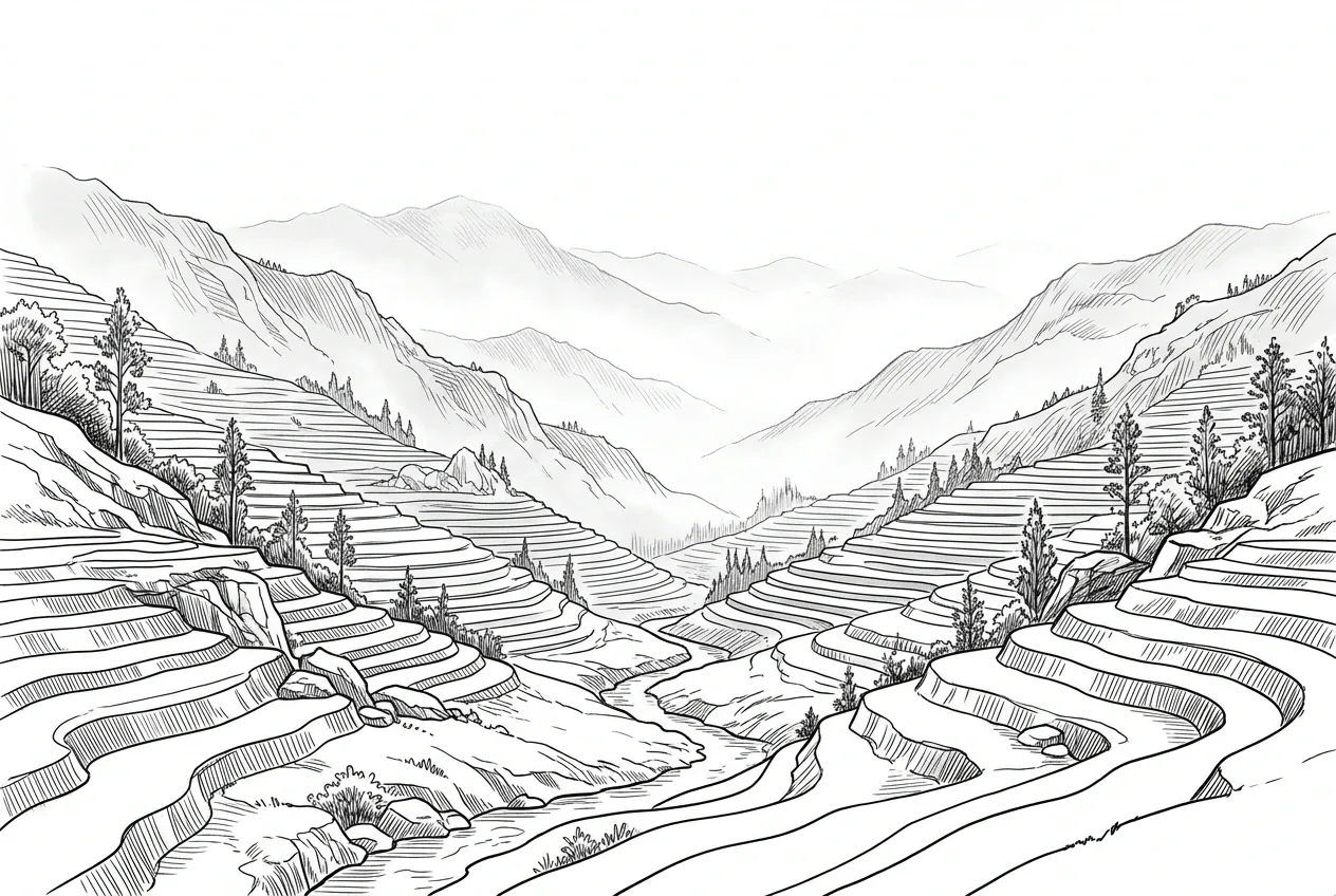 Line art drawing of terraced mountain slopes surrounding a winding stream in a mist-filled valley with sparse trees and layered distant ridges.