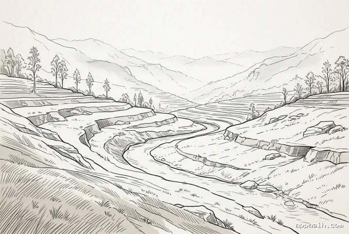 Detailed line art drawing of the same misty terraced mountain valley from a slightly wider viewpoint, showing the winding stream, rocky slopes, sparse trees, and layered ridges.