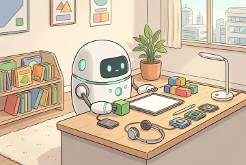 Friendly home robot organizing a child's smart study desk with a tablet, learning blocks, lamp, and wireless gadgets in a cozy bedroom.