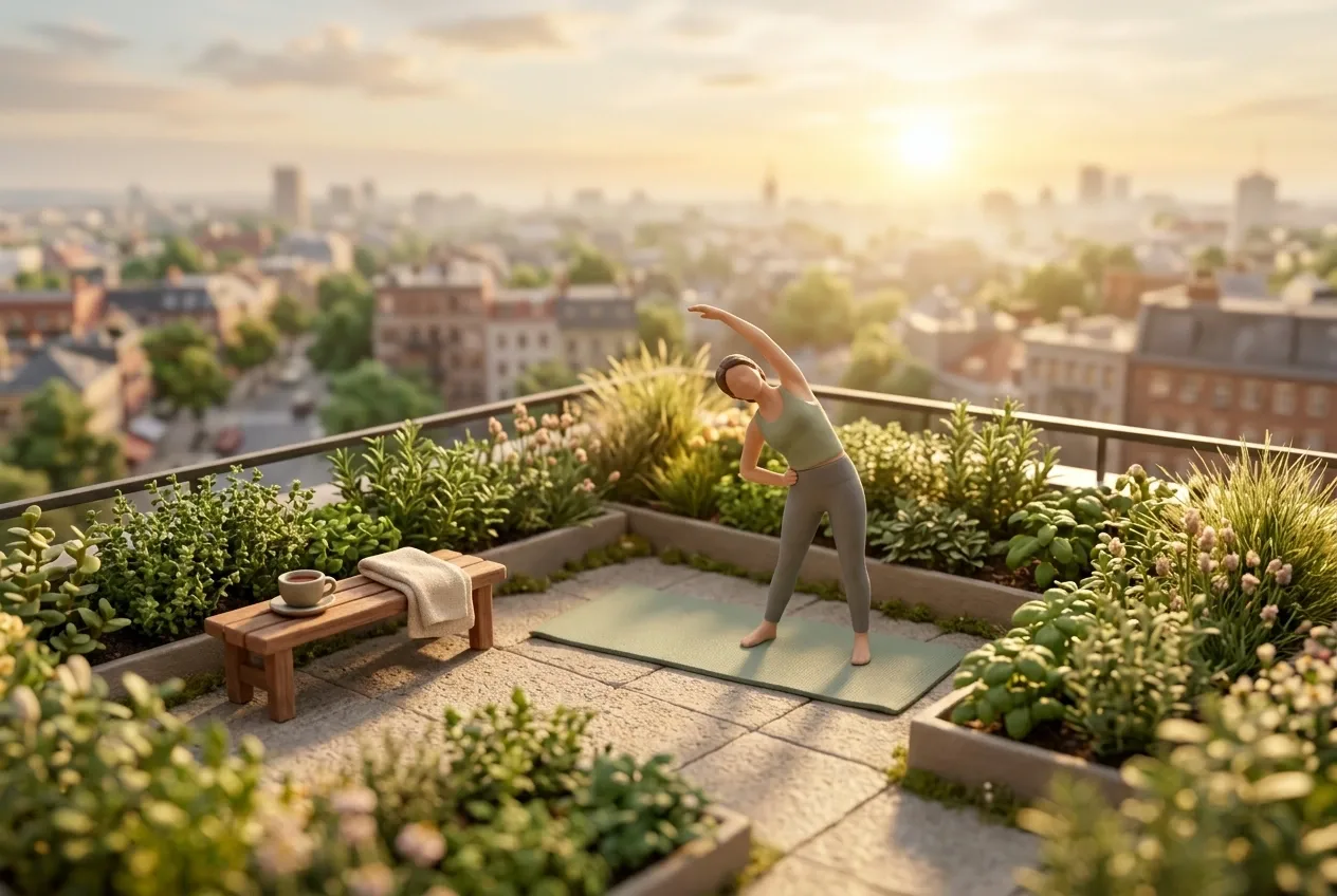 3D tilt-shift miniature person doing a morning side stretch in a rooftop garden with a yoga mat, herbs, tea, and warm sunrise light.