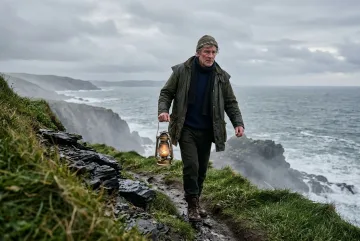 Coastal lantern keeper in a weathered raincoat carrying a brass storm lantern along a misty windswept cliff above a rough gray sea.
