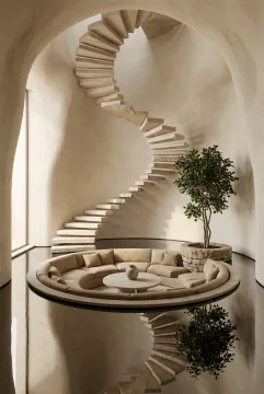 Surreal interior with a circular sunken conversation pit beneath a floating stone staircase, curved cream walls, reflective flooring, and an indoor tree.