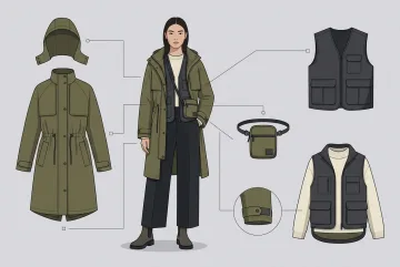 Fashion infographic illustration of a model in a modular olive raincoat with utility vest, wide-leg trousers, boots, and separated weatherwear components.