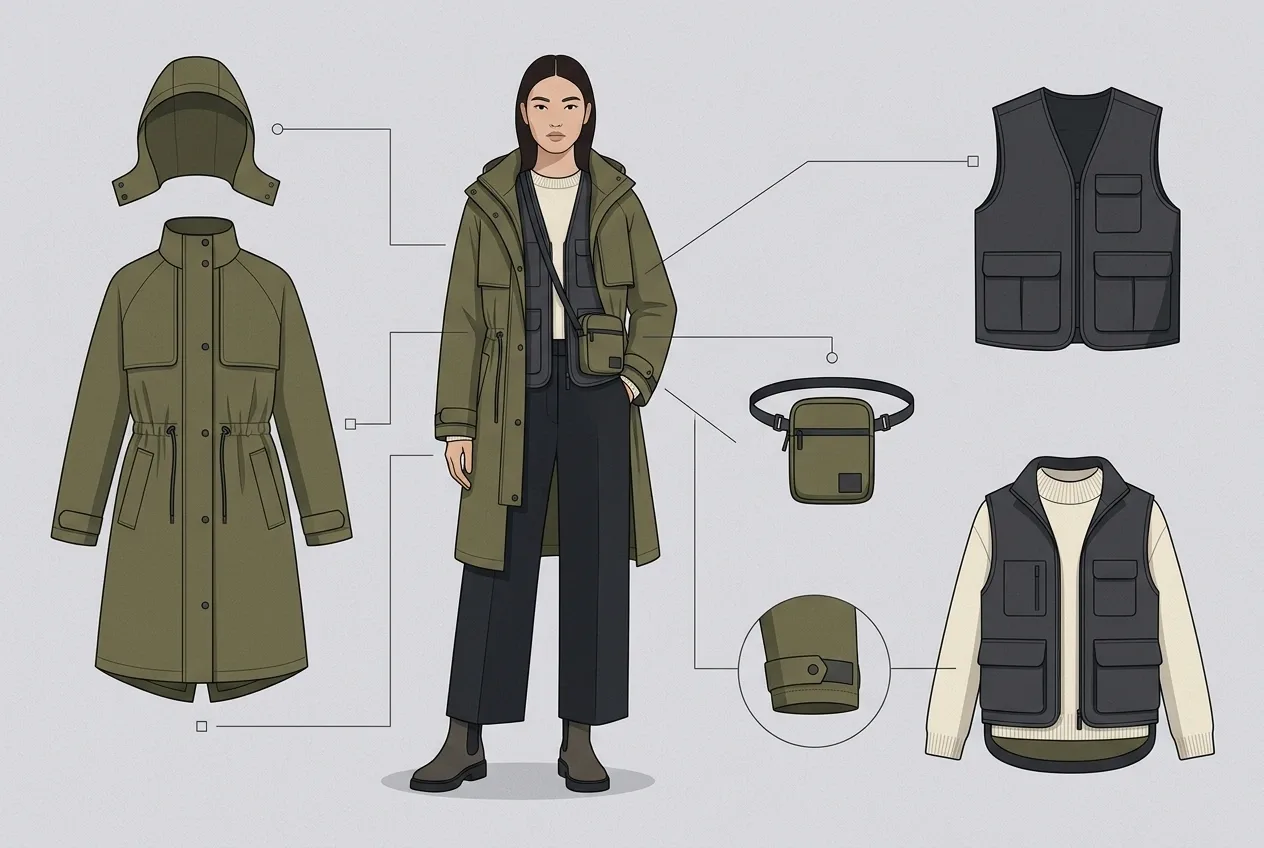 Fashion infographic illustration of a model in a modular olive raincoat with utility vest, wide-leg trousers, boots, and separated weatherwear components.
