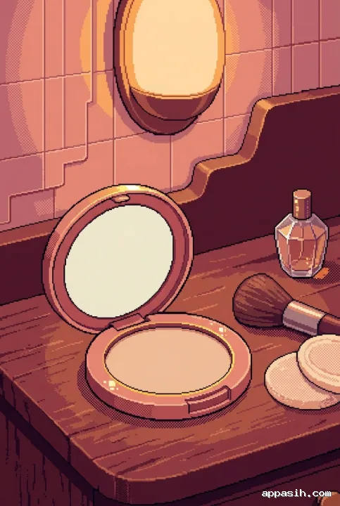 Close three-quarter pixel art view of a rose cosmetic compact, makeup brush, powder puffs, and perfume bottle on a warmly lit retro vanity.