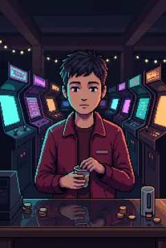 Retro Pixel Art portrait of a midnight arcade attendant beside a glowing token counter under cyan and magenta arcade lighting.