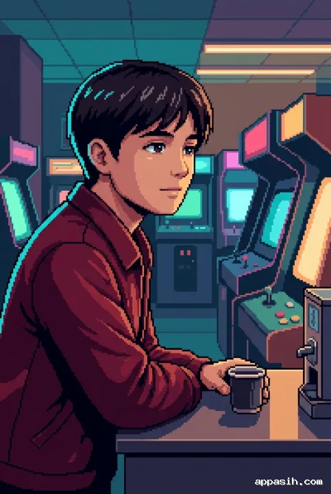 Close Retro Pixel Art portrait of a midnight arcade attendant leaning beside a token counter with cyan rim light and warm amber arcade glow.