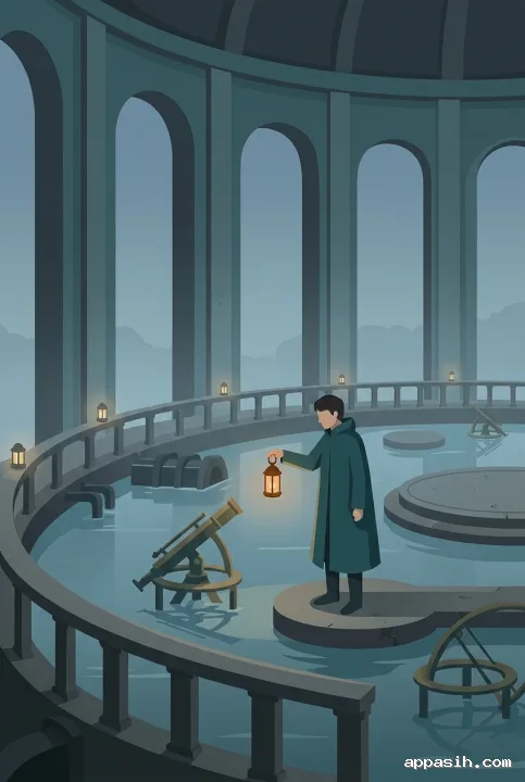 Flat 2D illustration of a lantern keeper examining a submerged astronomical instrument inside the same misty flooded observatory.