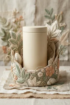 Blank ivory tea tin mockup surrounded by raised embroidered botanical leaves and flowers on layered natural fabric.