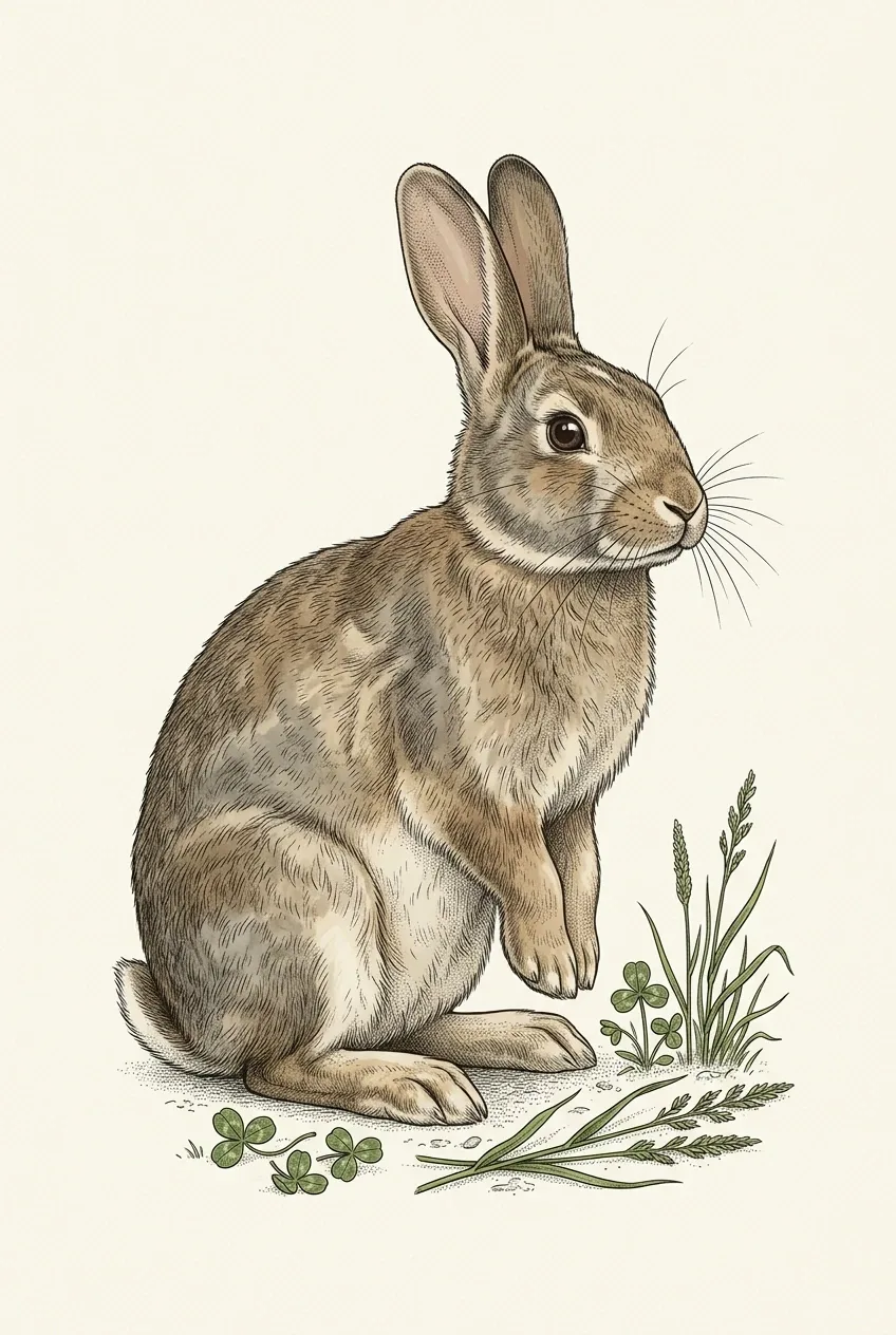 Scientific illustration of a domestic rabbit with upright ears, detailed layered fur, whiskers, paws, and small clover and grass specimens.
