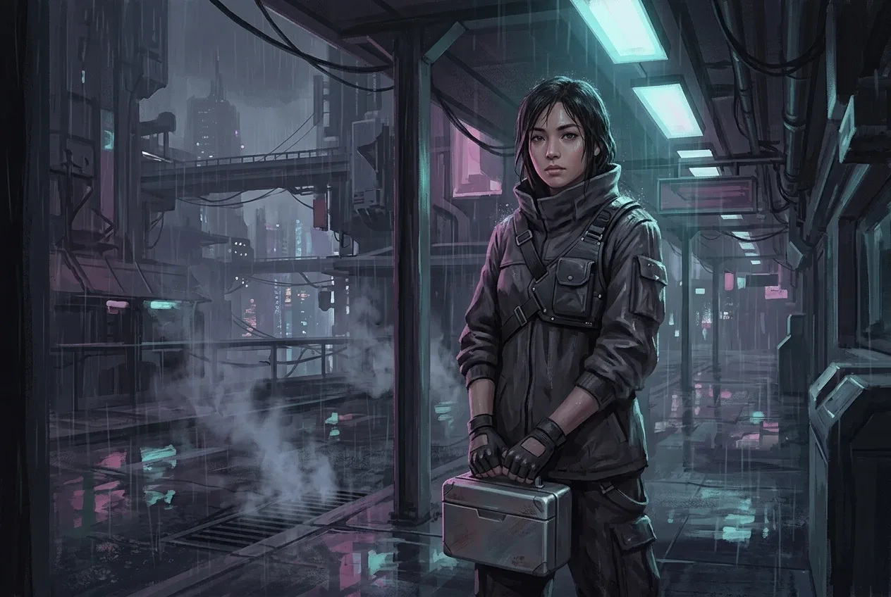 Young urban courier in cyberpunk concept art standing under a rainlit transit canopy with neon reflections and futuristic city structures behind them.