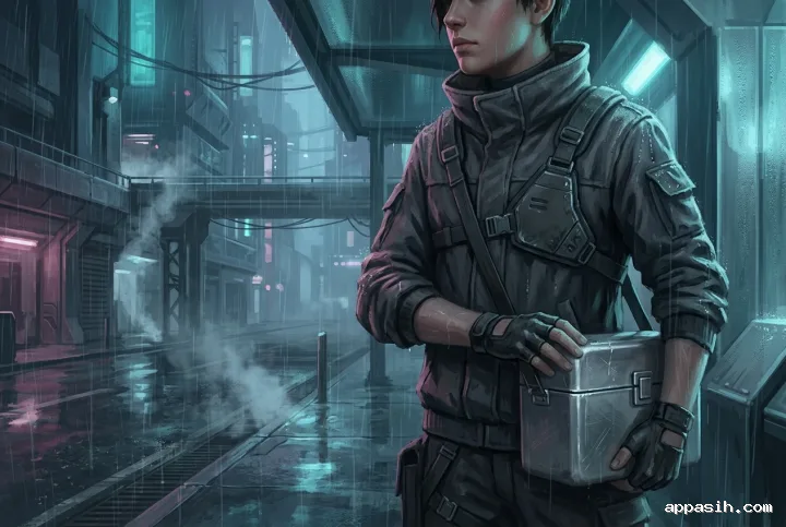 Closer cyberpunk concept art portrait of the same young urban courier beneath a rainy transit canopy, holding a metallic delivery case amid cyan and magenta city glow.