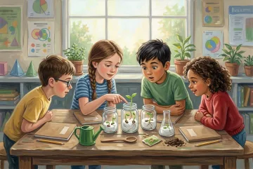 Acrylic painting of four young students observing bean seeds sprouting in glass containers during a classroom science activity.