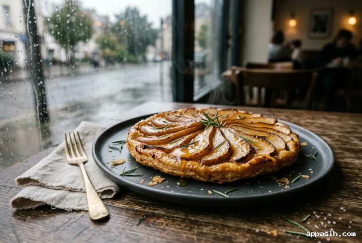 Closer cinematic view of a charred pear tart with rosemary and honey glaze on a charcoal plate in a rainy café setting.