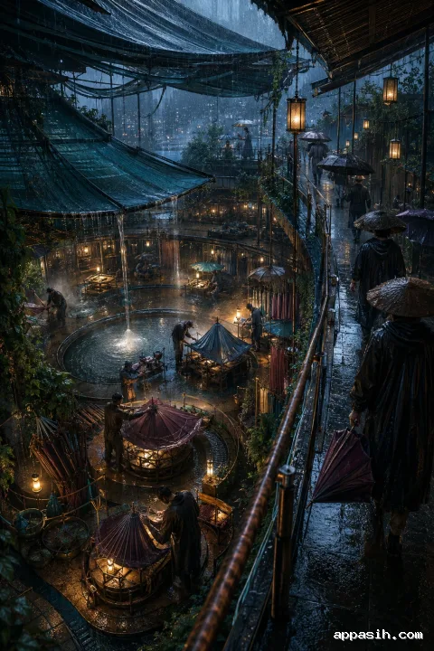 A rooftop umbrella-repair cooperative working at illuminated stations during a dramatic nighttime monsoon.