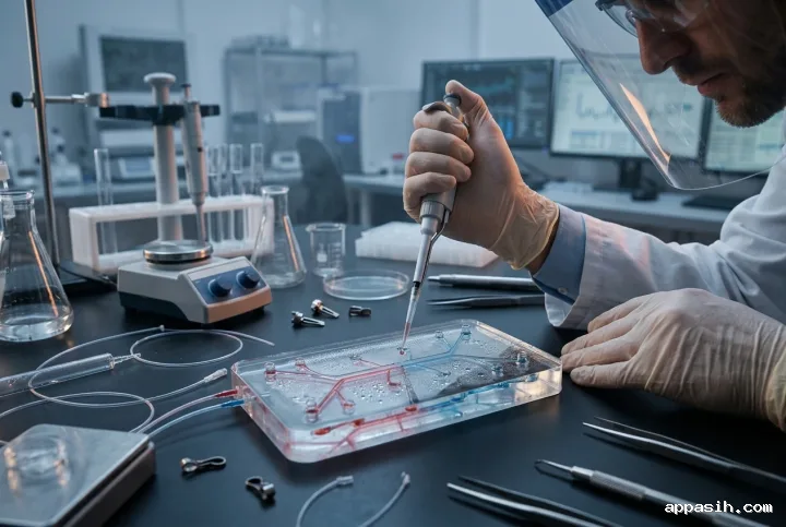 Scientist using a precision pipette beside a transparent lung-on-chip microfluidic device in a cinematic biomedical laboratory.