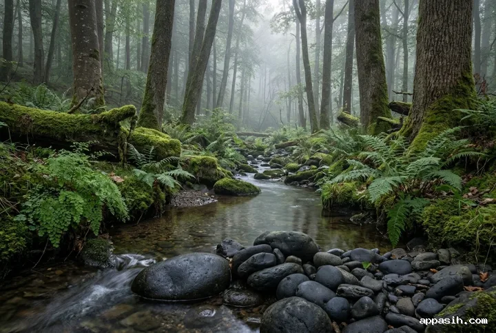 Low-angle view of a moss-covered woodland stream curving past dark river stones and ferns into silver morning mist.
