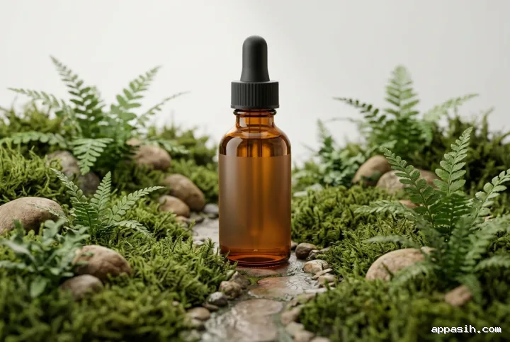 Closer three-quarter view of an amber dropper bottle in a detailed 3D miniature moss garden with tiny ferns, damp stones, and a winding path.