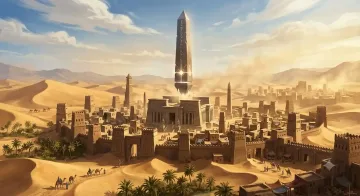 Ancient desert city with a giant floating obelisk above a central temple and golden sand dunes