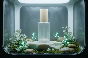 Frosted glass serum bottle on a pale mineral pedestal surrounded by glowing botanical elements in a Concept Art product display chamber.