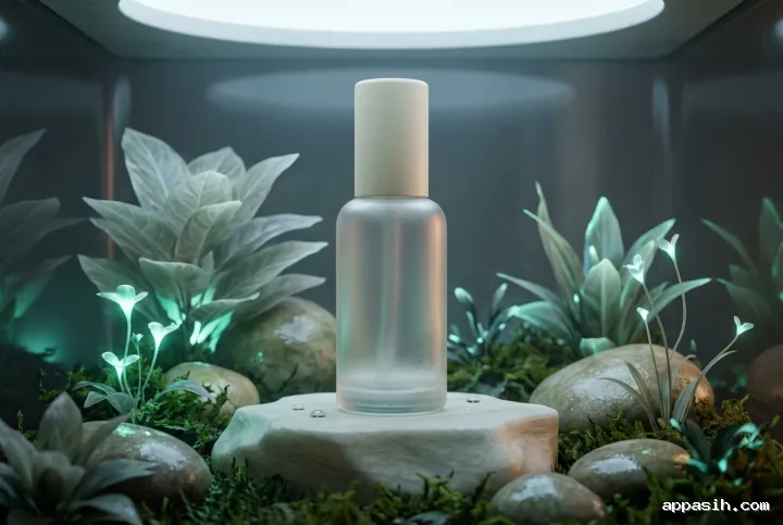 Frosted serum bottle viewed closer on a mineral pedestal with glowing plants, damp stones, and refined Concept Art lighting inside a futuristic botanical chamber.