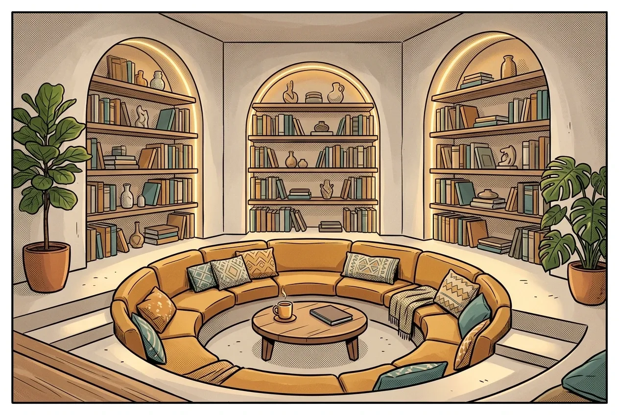 Sunken reading lounge with curved ochre seating, arched book nooks, indoor plants, and warm lighting in a comic book cartoon interior.