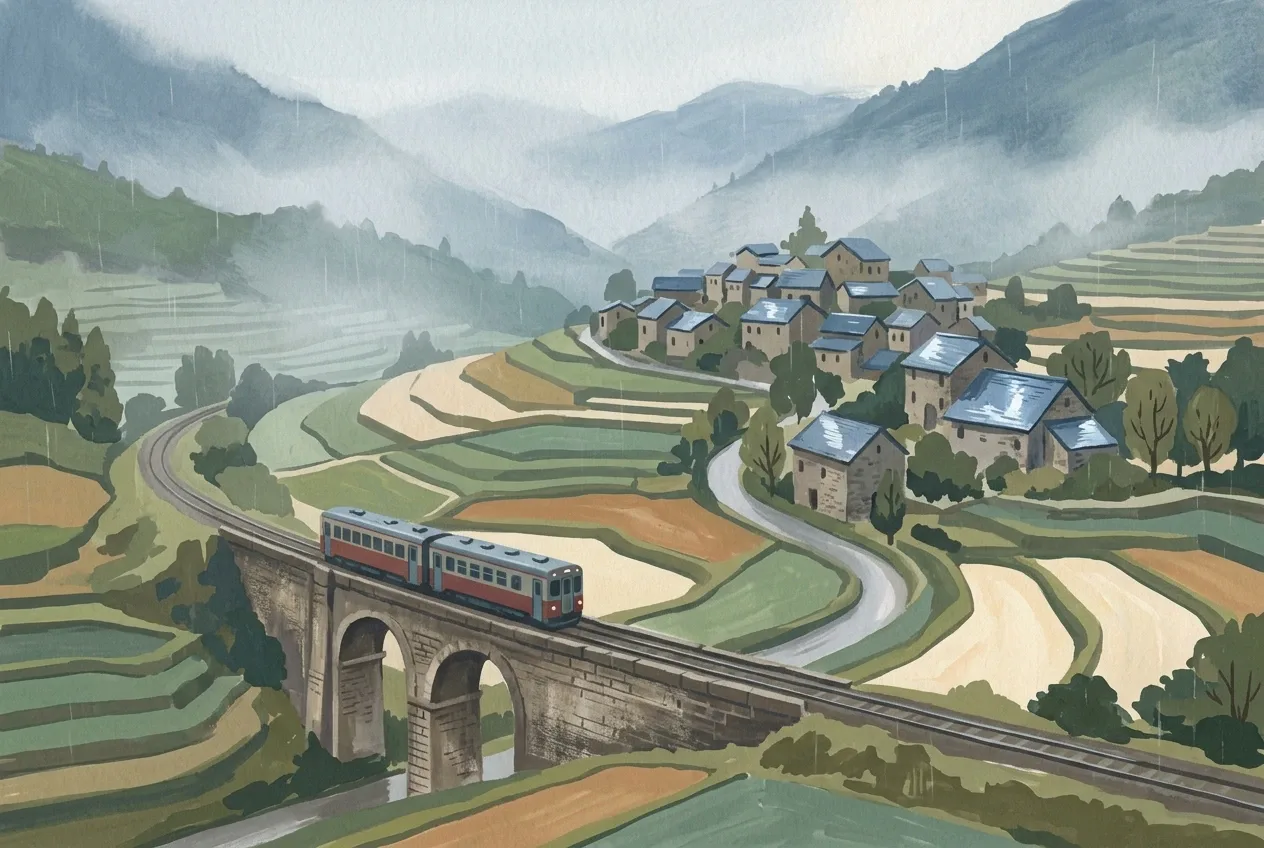 Gouache painting of a small countryside train crossing a stone viaduct below a misty hill village and terraced fields in gentle rain.