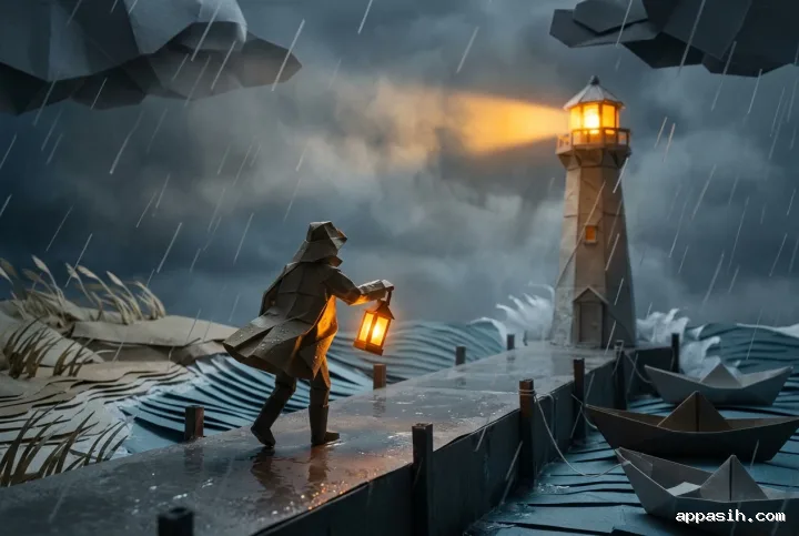Low-angle cinematic view of a lighthouse keeper with a lantern walking along a stormy folded-paper pier toward an illuminated origami lighthouse.