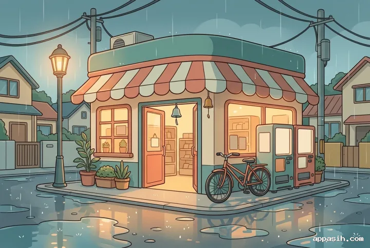 Closer kawaii cartoon view of the same nostalgic corner store with a bicycle, vintage vending machines, warm window light, and rainy pavement reflections.