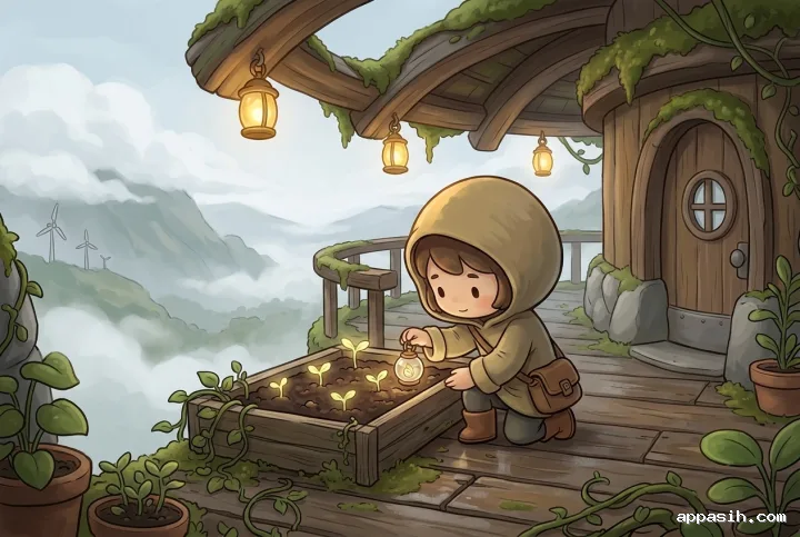 Chibi lantern keeper placing a glowing seed lantern into a planter on the terrace of a floating moss observatory above a misty valley.