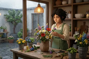 3D Voxel Art portrait of a florist arranging colorful wildflowers at a wooden table inside a softly lit studio with rainy windows.