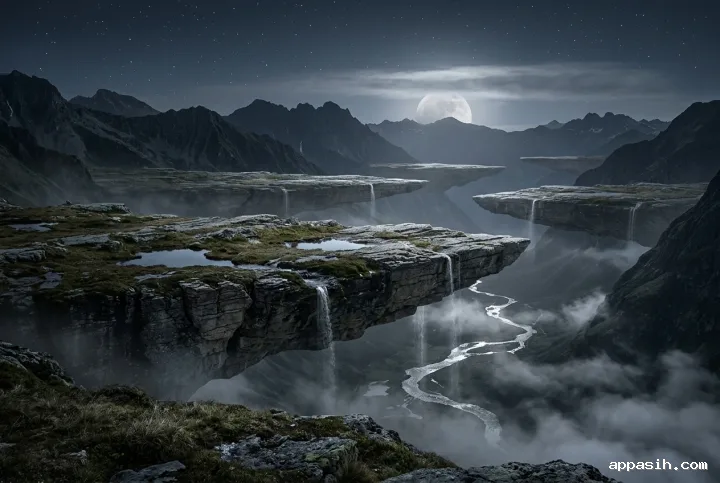 Surreal moonlit valley seen from a closer overlook, with detailed floating stone terraces above a misty river and dark mountain ridges.
