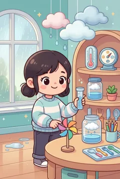 Kawaii cartoon young student exploring a classroom weather science station with a rain gauge, wind spinner, cloud models, and colorful STEM learning tools.