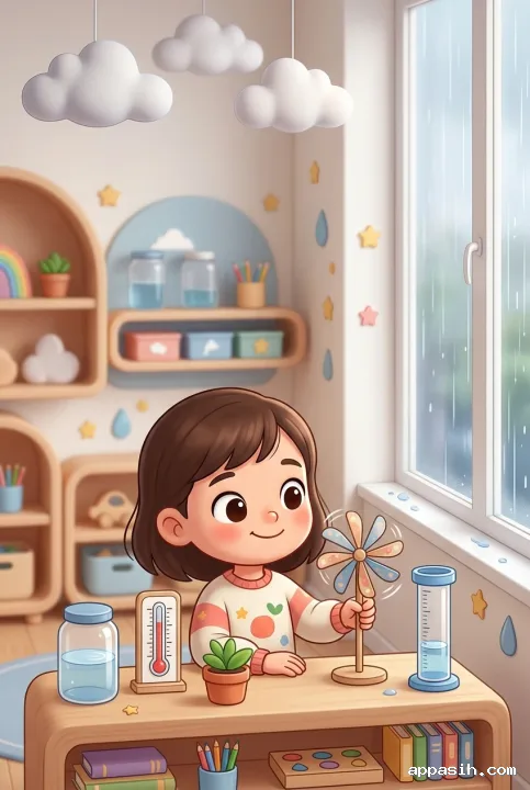 Kawaii cartoon young student gently spinning a classroom weather instrument beside a rain gauge, cloud models, and coordinated STEM learning tools.