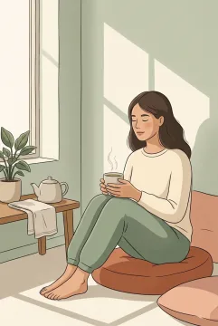 2D illustration of a woman holding herbal tea in a sunlit wellness nook with an indoor plant and soft morning shadows.