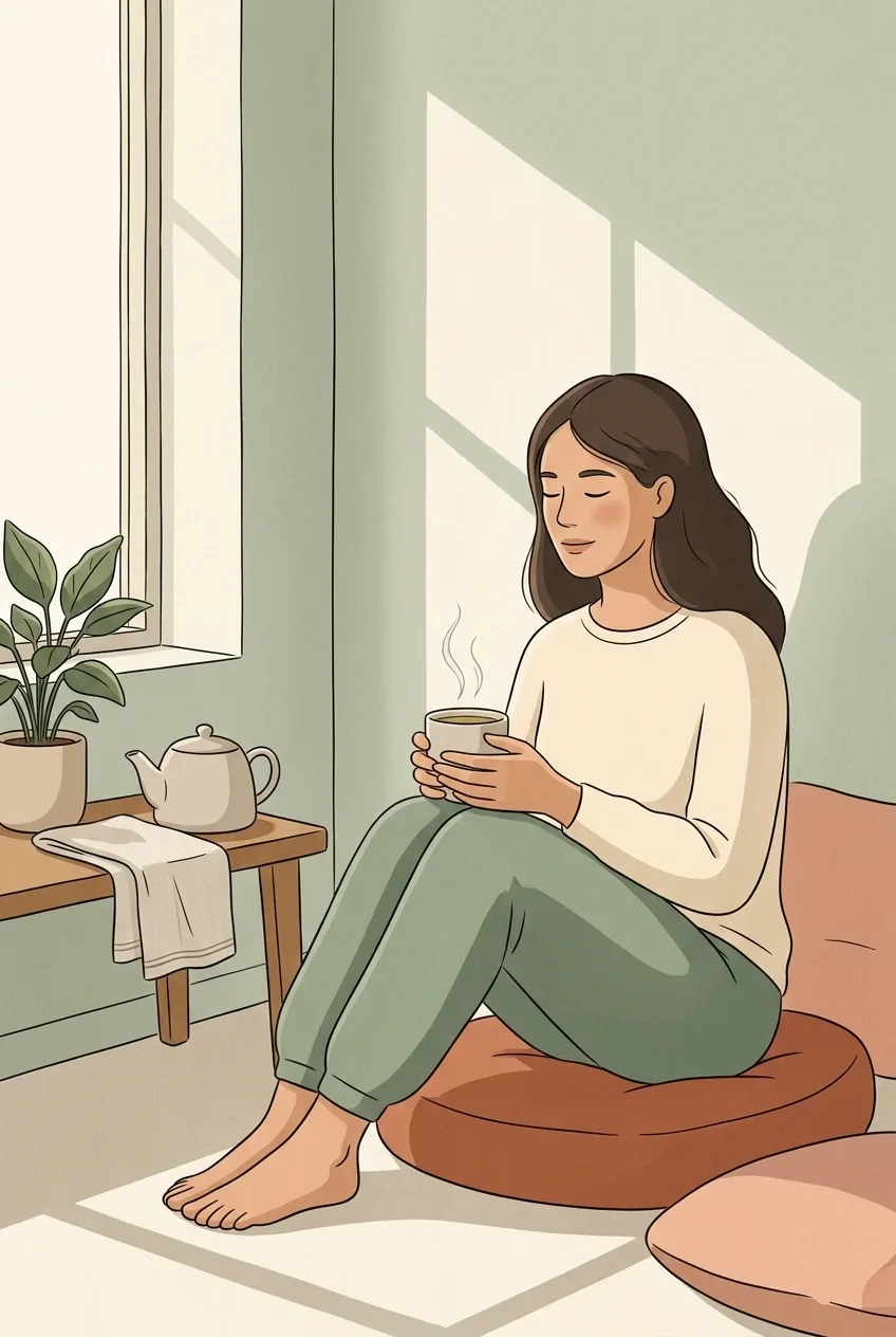 2D illustration of a woman holding herbal tea in a sunlit wellness nook with an indoor plant and soft morning shadows.