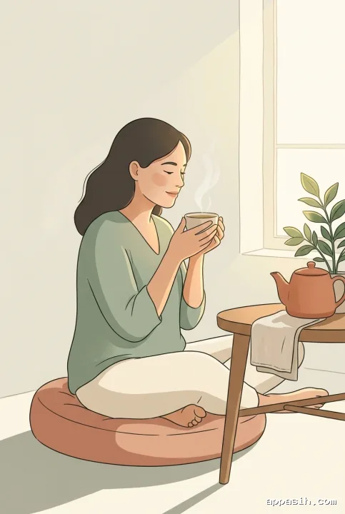 2D illustration of a woman lifting herbal tea toward her face in the same calm sunlit wellness nook with a teapot and leafy plant.