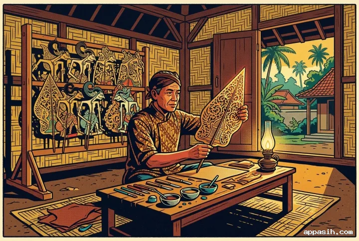 Traditional shadow puppet artisan inspecting an ornate leather puppet inside the same village workshop, rendered in Retro Pop Art with bold colors, halftone shading, and warm patterned light.