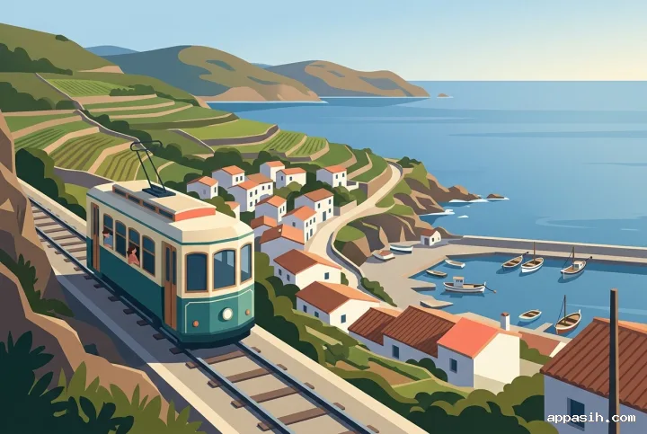 Closer flat 2D illustration of the same cliffside tram passing above a coastal village, terraced hills, quiet harbor, and calm sea in warm afternoon light.