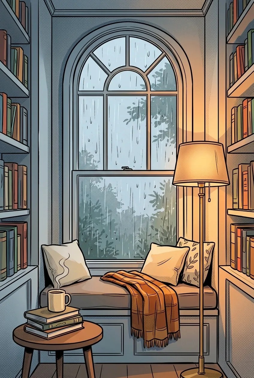 Cozy rainy reading nook with an arched window, cushioned window seat, built-in bookshelves, floor lamp, folded blanket, and side table in comic book cartoon style.