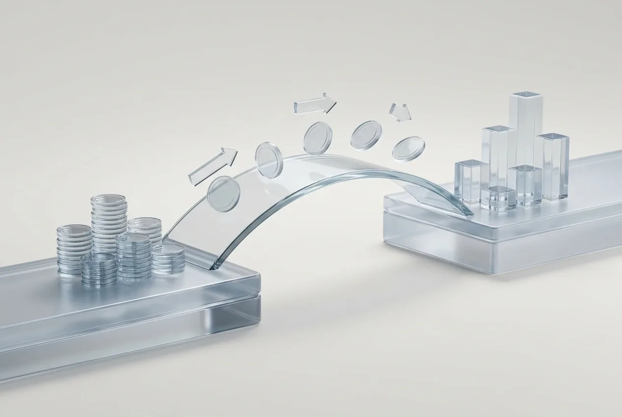 Translucent 3D cash flow bridge carrying floating glass coins between revenue stacks and ascending business growth blocks.