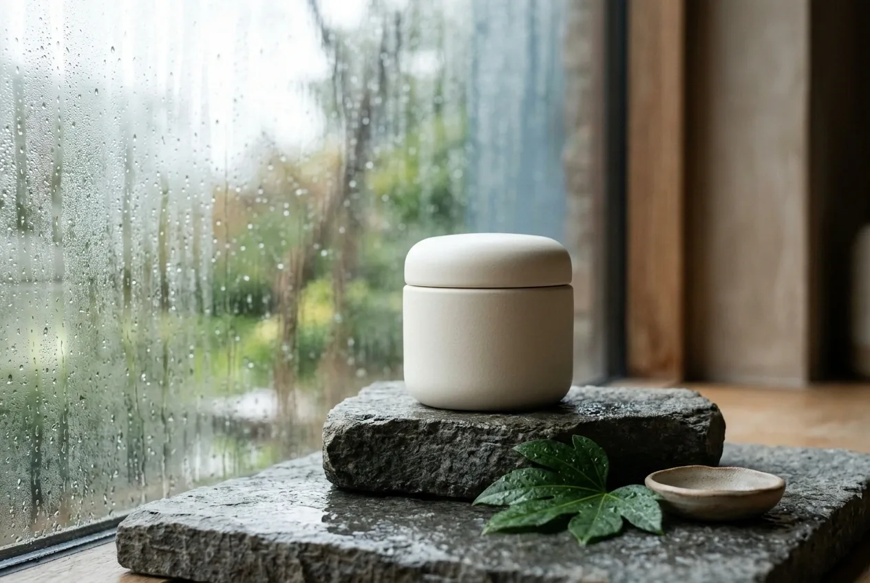 Blank ivory ceramic skincare jar on a rain-dappled stone pedestal beside a misted window in editorial product photography.